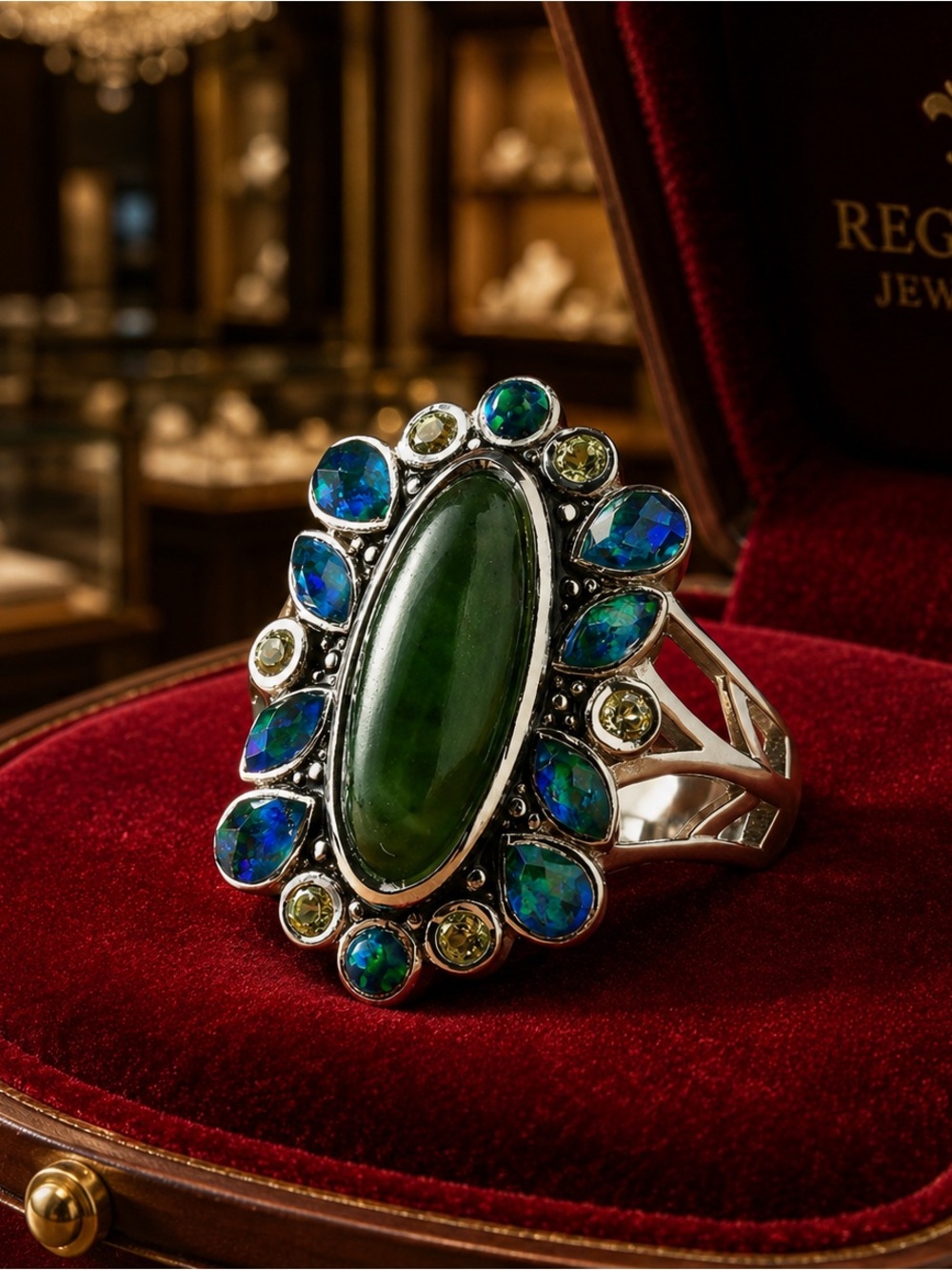 Sajen Silver Nephrite Jade ,peacock quartz and peridot 8.00 ctw Ring Size 10